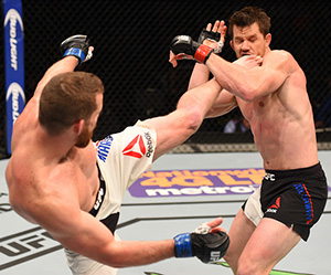 (L-R) Nate Marquardt kicks <a href='../fighter/CB-Dollaway'>CB Dollaway</a> in their middleweight bout during the UFC Fight Night event at the Amway Center on December 19, 2015 in Orlando, Florida. (Photo by Josh Hedges/Zuffa LLC)“ align=“right“/> “In the past I’ve always looked at it as both (a fight and a sport),” said Marquardt in 2010. “It is a sport, but it’s also a fight. It’s not a game. You’re out there and you can really get hurt. You could be winning the fight, but at any moment, if you make the wrong move, you can get knocked out or choked out, and vice versa. It doesn’t matter how you’re doing, you’re in there to fight and to finish the guy. For a while, I was looking at it as more of a sport.”</p><p>That attitude served him well in his Strikeforce debut in 2012, as he knocked out future UFC welterweight champion <a href=