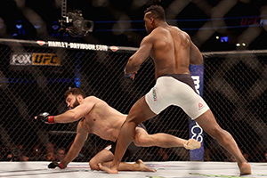 Ngannou knocks down Andrei Arlovski the UFC Fight Night on 1/28/17 in Denver, CO. (Photo by Matthew Stockman/Getty Images)