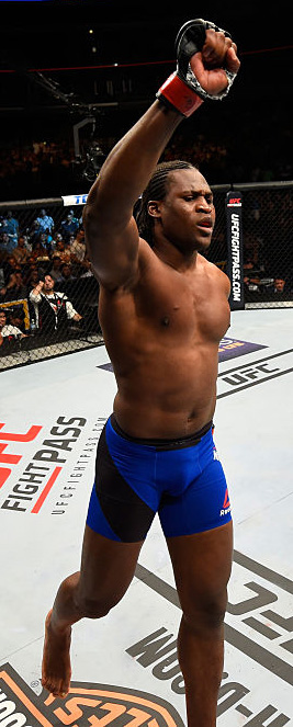 Ngannou celebrates after defeating Bojan Mihajlovic during the UFC Fight Night event on 7/23/16 in Chicago, IL. (Photo by Josh Hedges/Zuffa LLC)