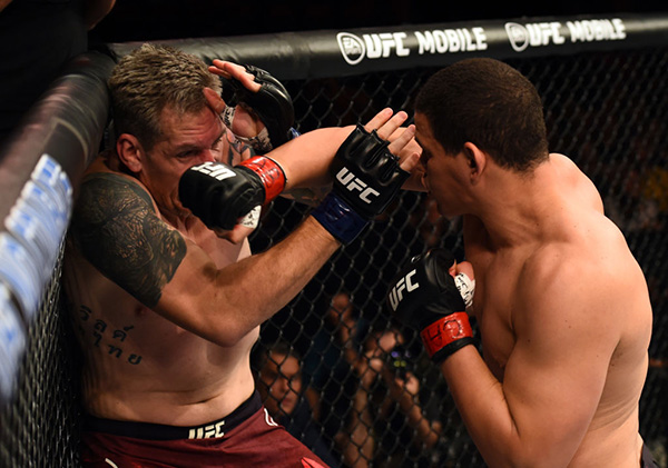 (R-L) Marcelo Golm punches Christian Colombo during the UFC Fight Night event on October 28, 2017 in Sao Paulo, Brazil. (Photo by Josh Hedges/Zuffa LLC/Zuffa LLC via Getty Images)