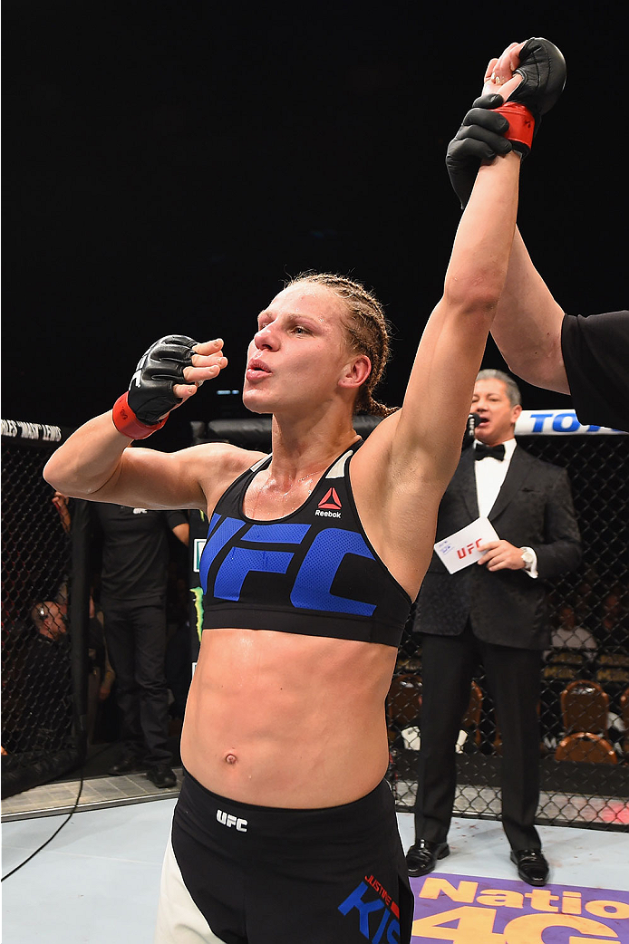 Justine Kish reacts to her victory over <a href='../fighter/nina-ansaroff'>Nina Ansaroff</a> during their bout at UFC 195″ align=“left“/>Looking to rebound from her unanimous decision loss to <a href=