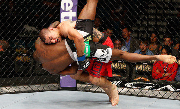 <a href='../fighter/Vinc-Pichel'>Vinc Pichel</a> (top) wrestles <a href='../fighter/Anthony-Njokuani'>Anthony Njokuani</a> to the ground during the UFC 173 event on May 24, 2014 in Las Vegas, NV. (Photo by Josh Hedges/Zuffa LLC)“ align=“center“/> As UFC President Dana White told a crowd in Boston about featherweight champion <a href=