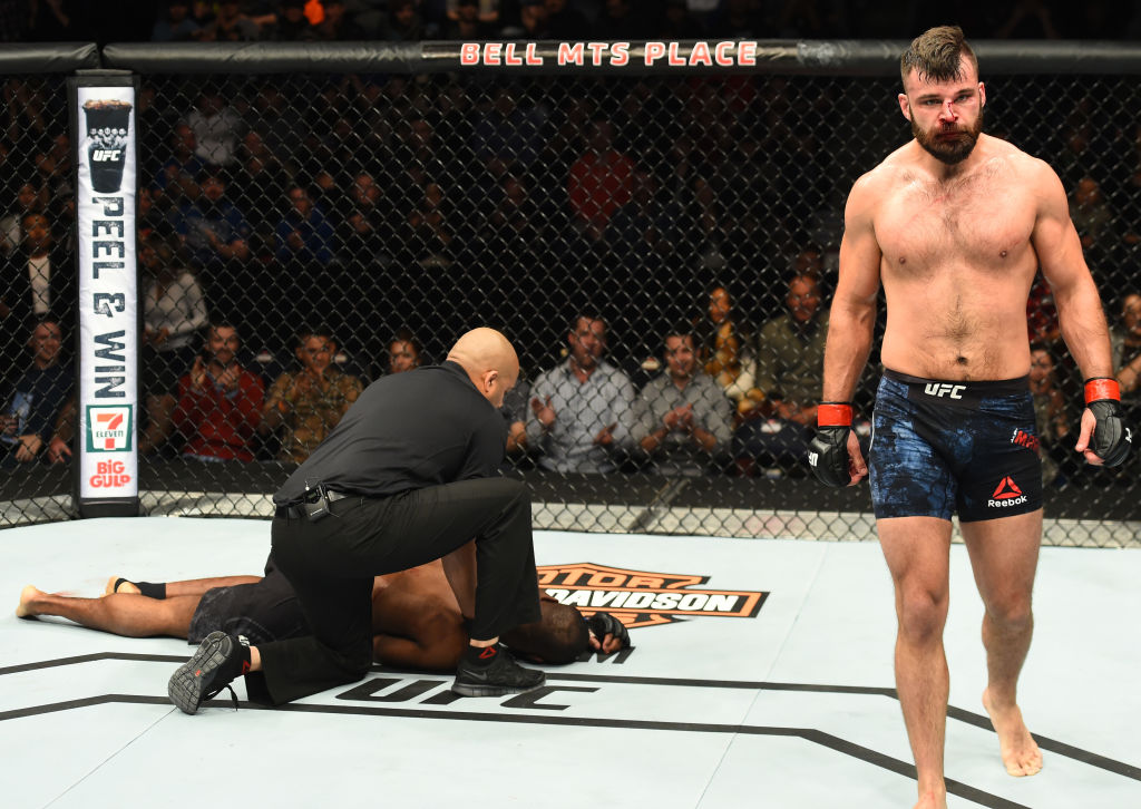 Julian Marquez submits <a href='../fighter/Darren-Stewart'>Darren Stewart</a> during the UFC Fight Night event on December 16, 2017 in Winnipeg, Manitoba, Canada. (Photo by Josh Hedges/Zuffa LLC)“/>Certain fighters show an almost effortless grace when throwing punches, knees and kicks, and when an opponent gets knocked out, it almost loses some of its impact. Then there’s Julian Marquez, who throws almost every shot as if he’s trying to knock down a wall, and while he’s only had one UFC fight thus far, that one fight was enough to make us all want to see more. And while Marquez’s style usually results in KO wins, when he gets a dance partner who can take it and dish it out like Darren Stewart did in December, it’s a Fight of the Night winner that shockingly ended not with a knockout, but by a guillotine choke locked in by “The Cuban Missile Crisis.”</p><p><em>Honorable Mention – <a href=
