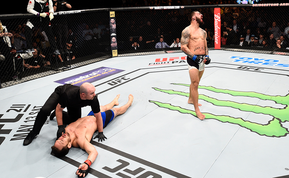  Mike Perry celebrates after his knockout victory over Jake Ellenberger during the <a href='../event/UFC-Silva-vs-Irvin'>UFC Fight Night </a>event at Bridgon April 22, 2017 in Nashville, TN. (Photo by Jeff Bottari/Zuffa LLC)“/>There is no science behind picking the best knockouts on these lists. But they all require a jump out of the seat followed by a “Whoa” or “Oh #$%$.” If you get both and the distance is high on the jump, that’s a top fiver for sure, and that’s exactly why Mike Perry’s finish of Jake Ellenberger in April is here. This battle of welterweight bangers wasn’t expected to go the distance, but I don’t think anyone saw Perry’s elbow coming. Ellenberger certainly didn’t, and he was out on contact. Scary.</p><p><strong>3 – <a href=