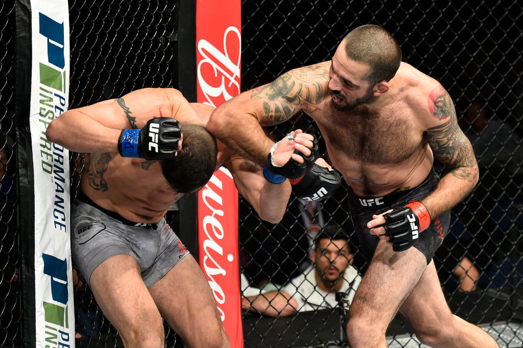 (R-L) Matt Brown throws an elbow against Diego Sanchez the UFC Fight Night event on November 11, 2017 in Norfolk, Virginia. (Photo by Brandon Magnus/Zuffa LLC)