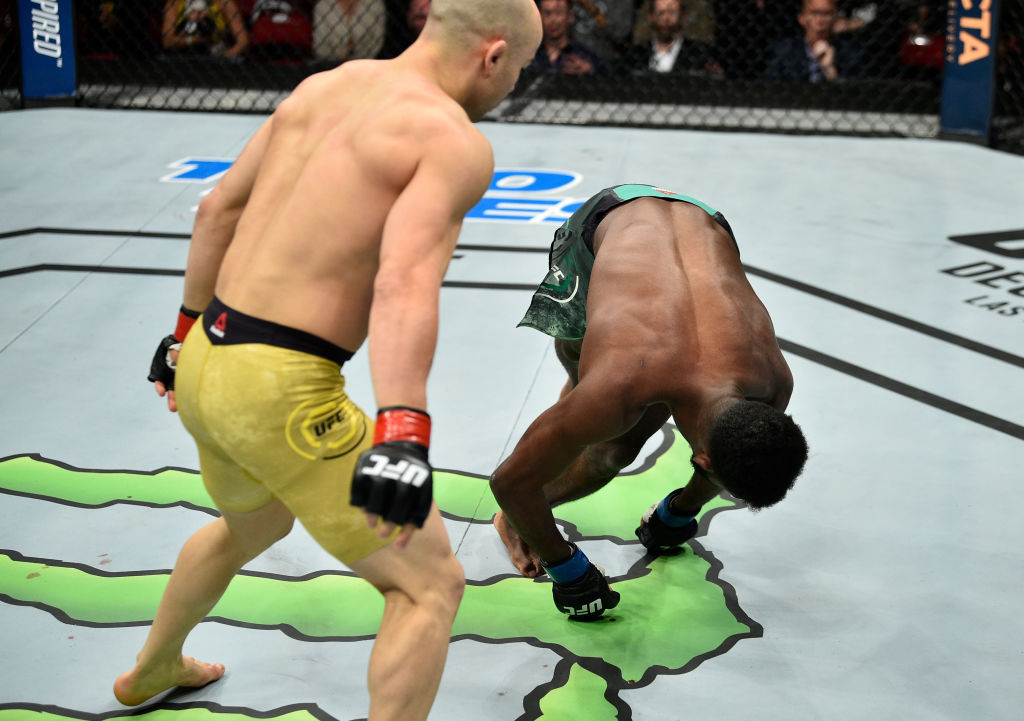 Marlon Moraes knocks out Aljamain Sterling during the UFC Fight Night event on December 9, 2017 in Fresno, California. (Photo by Jeff Bottari/Zuffa LLC)