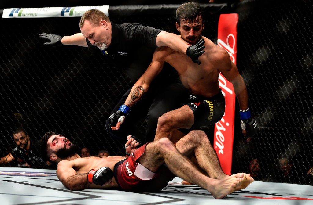 Ricardo Ramos knocks down Aiemann Zahabi during UFC 217 at Madison Square Garden on November 4, 2017 in New York City. (Photo by Jeff Bottari/Zuffa LLC)