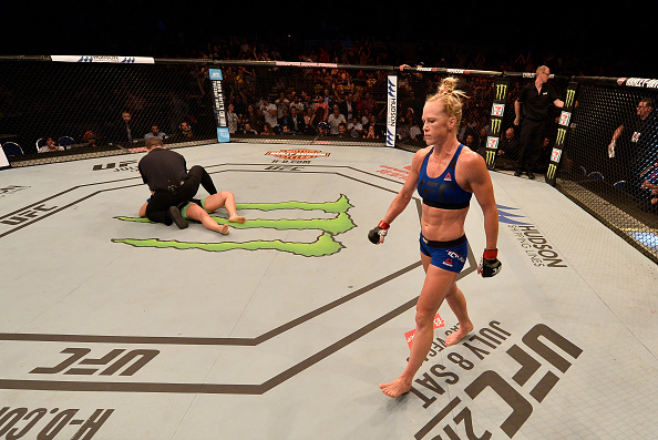 Holly Holm reacts after her knockout victory over Bethe Correia during the UFC Fight Night event on June 17, 2017 in Singapore. (Photo by Brandon Magnus/Zuffa LLC)