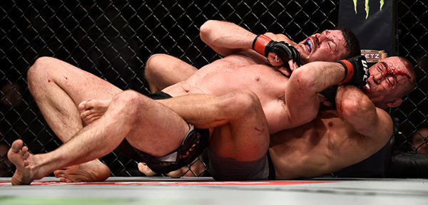 Georges St-Pierre attempts to submit Michael Bisping during UFC 217 inside Madison Square Garden on November 4, 2017 in New York City. (Photo by Brandon Magnus/Zuffa LLC)