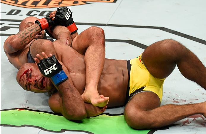 Demetrious Johnson submits Wilson Reis during the UFC Fight Night event at Sprint Center on April 15, 2017 in Kansas City, MO. (Photo by Josh Hedges/Zuffa LLC)