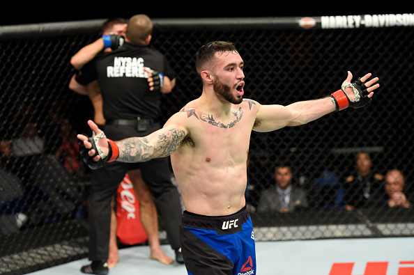 The referee stops the fight as Shane Burgos celebrates his technical knockout victory over <a href='../fighter/charles-rosa'>Charles Rosa</a> in their featherweight bout during the UFC 210 event at KeyBank Center on April 8, 2017 in Buffalo, New York. (Photo by Josh Hedges/Zuffa LLC)“ align=“left“/>Kattar made quite a splash in his UFC debut when he stepped up on short notice and dealt veteran fighter <a href=