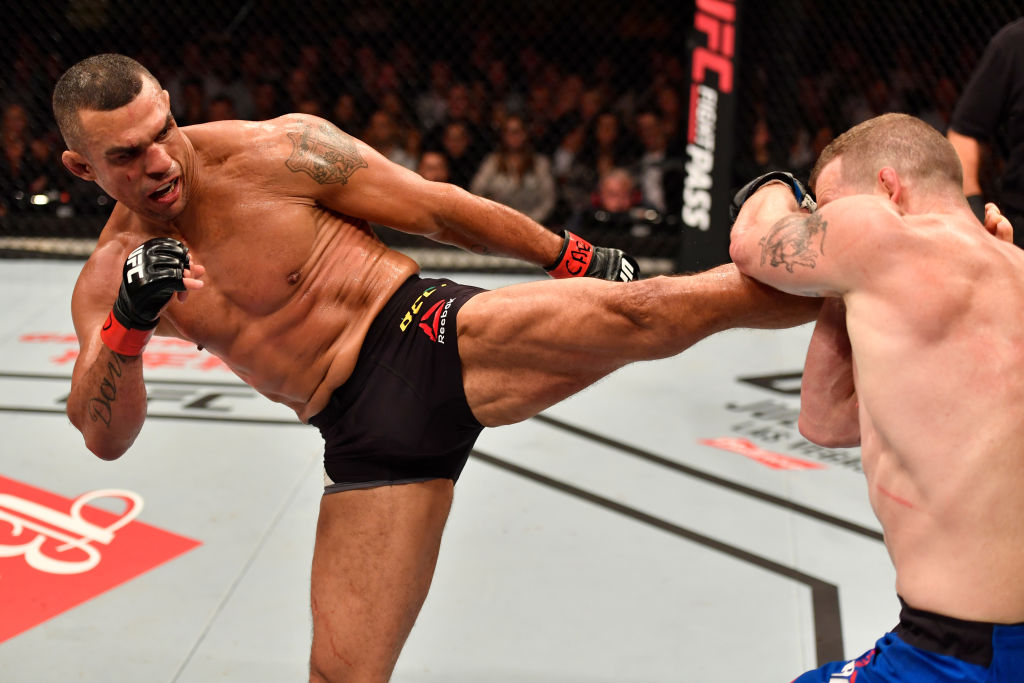 (L-R) Vitor Belfort kicks Nate Marquardt during UFC 212 on June 3, 2017 in Rio de Janeiro, Brazil. (Photo by Jeff Bottari/Zuffa LLC)