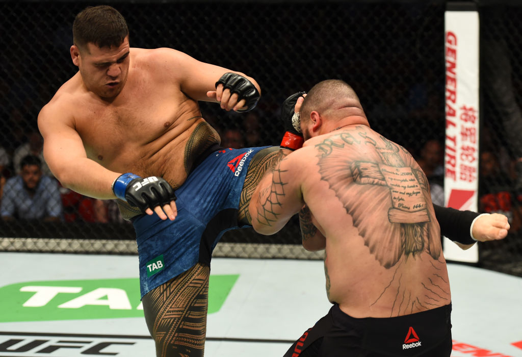 SYDNEY, AUSTRALIA - NOVEMBER 19: (L-R) Tai Tuivasa kicks Rashad Coulter in their heavyweight bout during the <a href='../event/UFC-Silva-vs-Irvin'>UFC Fight Night </a>event inside the Qudos Bank Arena on November 19, 2017 in Sydney, Australia. (Photo by Josh Hedges/Zuffa LLC/Zuffa LLC via Getty Images)“ align=“center“/><br />After dispatching Coulter in his debut, Tuivasa takes a step up in competition for his sophomore appearance in the Octagon, squaring off with <a href=