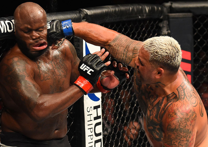<a href='../fighter/mark-hunt'>Mark Hunt</a> punches <a href='../fighter/Derrick-Lewis'>Derrick Lewis</a> during the <a href='../event/UFC-Silva-vs-Irvin'>UFC Fight Night </a>event in Auckland, New Zealand. (Photo by Josh Hedges/Zuffa LLC)“ align=“center“/> Veteran Mark Hunt is fighting in the co-main event, and to hear him tell it, it may be one of his last three fights.</p><p>At 43, he’s already been in the game longer than most would dare to dream, beating the likes of <a href=