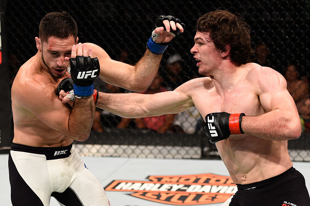 Aubin-Mercier punches <a href='../fighter/thibault-gouti'>Thibault Gouti</a> during the <a href='../event/UFC-Silva-vs-Irvin'>UFC Fight Night </a>event on June 18, 2016 in Ottawa, Ontario, Canada. (Photo by Jeff Bottari/Zuffa LLC)“ align=“left“/> live differently,” he said. “I’m in love with the sport, and I think for me to be happy with what I’m doing is the most important thing. When I’m not happy with the sport and not happy getting inside the Octagon, it will be time for me to stop.”</p><p>Of course, losing a fight without stepping into the Octagon and not getting that payday stings, but not getting to fight Burns may work out for the best, because in Dunham, Aubin-Mercier will be facing a top 15 contender and someone he is quite familiar with.</p><p>“There are a lot of good things about it, and I like the fight,” he said. “It’s crazy because I was watching Dunham when I just started MMA. I studied him since he was a southpaw and a great grappler, so it’s interesting to see that now I’m fighting him in Brooklyn.”</p><p>It’s been quite a rapid rise for the Montrealer, and as he’s grown up in the UFC, fighting eight of his 13 pro bouts in the Octagon, it appears that he’s starting to enter his prime, having won three straight over Thibault Gouti, Drew Dober and <a href=