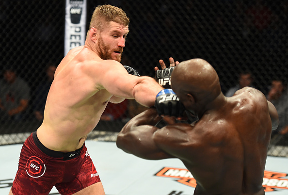 WINNIPEG, CANADA - DECEMBER 16: (L-R) Jan Blachowicz of Poland punches Jared Cannonier in their light heavyweight bout during the UFC Fight Night event at Bell MTS Place on December 16, 2017 in Winnipeg, Manitoba, Canada. (Photo by Josh Hedges/Zuffa LLC/Zuffa LLC via Getty Images)