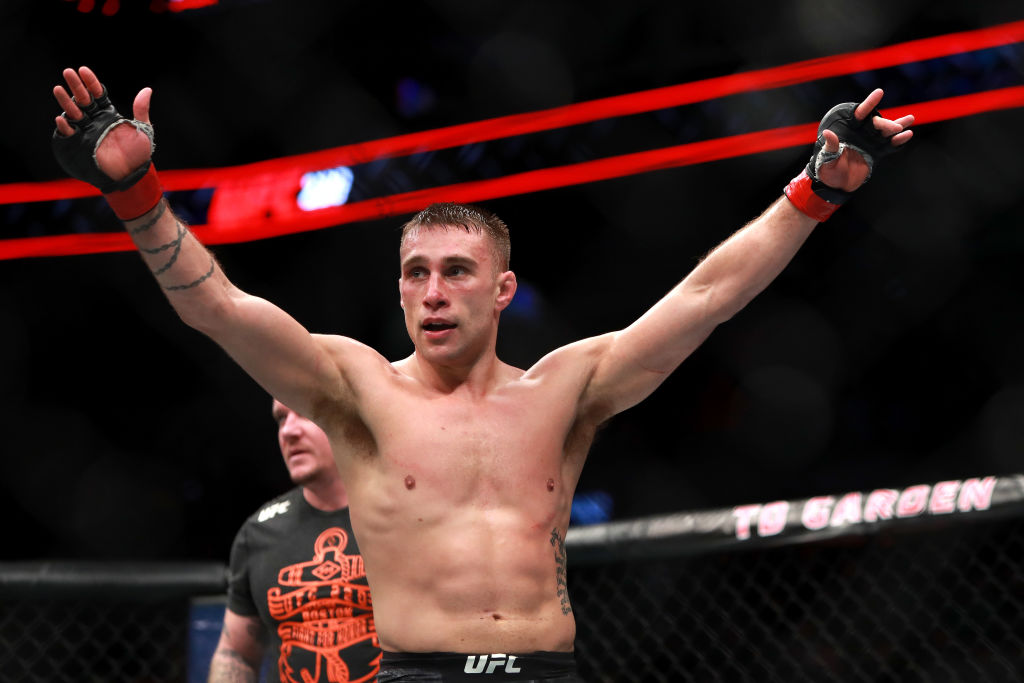 BOSTON, MA - JANUARY 20: <a href='../fighter/Kyle-Bochniak'>Kyle Bochniak</a> reacts after the third round against <a href='../fighter/Brandon-Davis'>Brandon Davis</a> in their Featherweight fight during UFC 220 at TD Garden on January 20, 2018 in Boston, Massachusetts. (Photo by Mike Lawrie/Getty Images)“/><br />After a pair of Performance of the Night wins to kick off his UFC career, <a href=