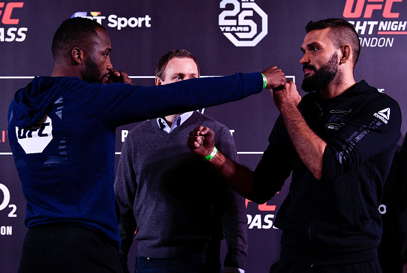 LONDON, ENGLAND - MARCH 15: (L-R) Leon Edwards of Jamaica and Peter Sobotta of Poland face off during the <a href='../event/UFC-Silva-vs-Irvin'>UFC Fight Night </a><a href='../event/Ultimate-Brazil'>Ultimate </a>Media Day in Glaziers Hall on March 15, 2018 in London, England. (Photo by Brandon Magnus/Zuffa LLC/Zuffa LLC via Getty Images)“ align=“left“/>And though Edwards isn’t lighting up the internet with trash talk or callouts, with each victory, his confidence is growing, and after turning back <a href=