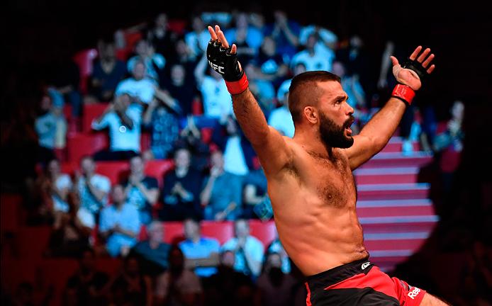 STOCKHOLM, SWEDEN - MAY 28: Peter Sobotta celebrates his victory over Ben Saunders in their welterweight fight during the UFC Fight Night event at the Ericsson Globe Arena on May 28, 2017 in Stockholm, Sweden. (Photo by Jeff Bottari/Zuffa LLC/Zuffa LLC via Getty Images)