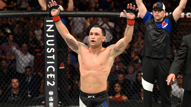 DALLAS, TX - MAY 13: Frankie Edgar celebrates his victory over Yair Rodriguez in their featherweight fight during the UFC 211 event at the American Airlines Center on May 13, 2017 in Dallas, Texas. (Photo by Josh Hedges/Zuffa LLC