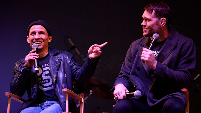 LAS VEGAS, NV - FEBRUARY 28: (L-R) UFC flyweight contender Joseph Benavidez and UFC Hall of Famer Forrest Griffin speak to the media during the Ultimate Sports Weekend Pep Rally at Toshiba Plaza on February 28, 2018 in Las Vegas, Nevada. (Photo by Brandon Magnus/Zuffa LLC)