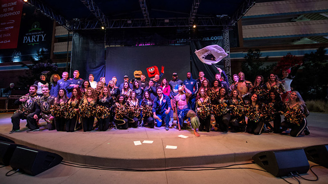 LAS VEGAS, NV - FEBRUARY 28: The Vegas Golden Knights cheerleaders, UFC Fighters, USA Sevens, and Nascar drivers pose during the Ultimate Sports Weekend Pep Rally at Toshiba Plaza on February 28, 2018 in Las Vegas, Nevada. (Photo by Brandon Magnus/Zuffa LLC)