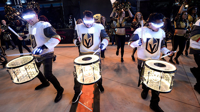LAS VEGAS, NV - FEBRUARY 28: Members of the Vegas Golden Knights Knight Line Drumbots perform during the Ultimate Sports Weekend Pep Rally at Toshiba Plaza on February 28, 2018 in Las Vegas, Nevada. (Photo by Brandon Magnus/Zuffa LLC)