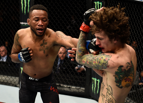 LAS VEGAS, NV - DECEMBER 01: (L-R) Terrion Ware punches Sean O'Malley in their bantamweight bout during the TUF Finale event inside Park Theater on December 01, 2017 in Las Vegas, Nevada. (Photo by Jeff Bottari/Zuffa LLC/Zuffa LLC via Getty Images)