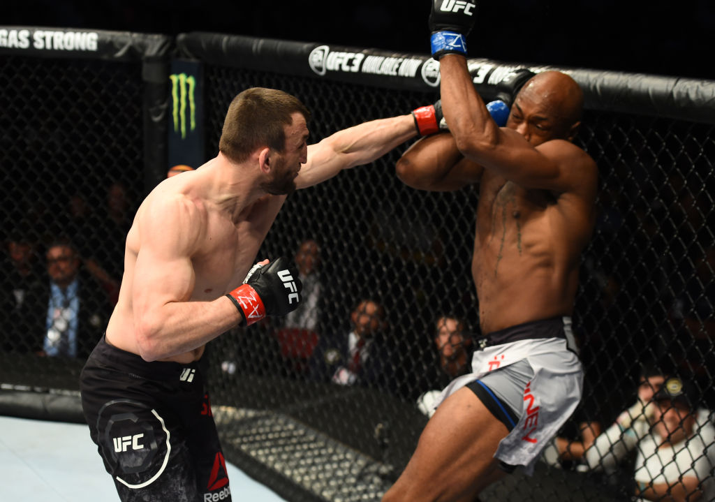  Muslim Salikhov of Russia punches Ricky Rainey in their welterweight fight during the UFC Fight Night event at the Gila Rivera Arena on April 14, 2018 in Glendale, Arizona. (Photo by Josh Hedges/Zuffa LLC)