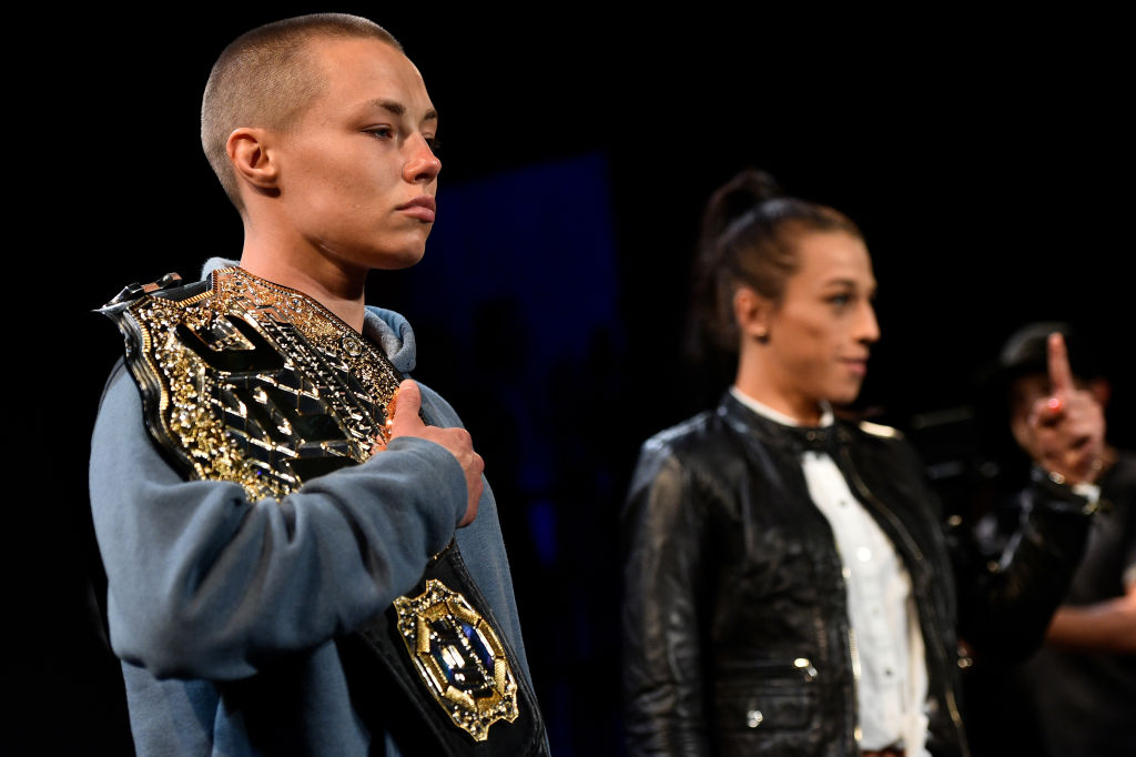 Namajunas and Jedrzejczyk at the UFC 223 Press Conference on April 4, 2018 in Brooklyn, NY. (Photo by Brandon Magnus/Zuffa LLC)