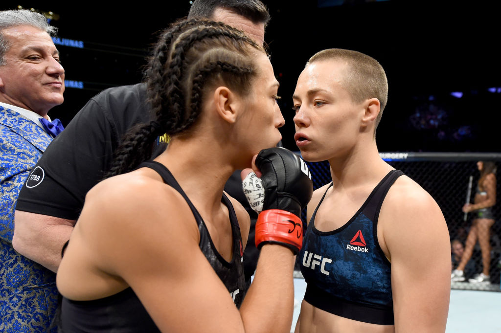 NEW YORK, NY - NOVEMBER 04: Rose Namajunas and Joanna Jedrzejczyk of Poland face off before their UFC women's strawweight championship bout during the UFC 217 event at Madison Square Garden on November 4, 2017 in New York City. (Photo by Josh Hedges/Zuffa LLC/Zuffa LLC via Getty Images)