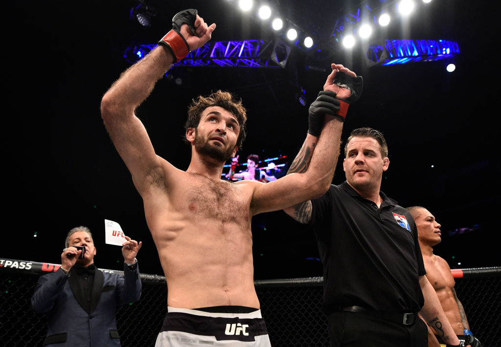 Zabit Magomedsharipov celebrates after his submission victory over Sheymon Moraes on November 25, 2017 in Shanghai, China. (Photo by Brandon Magnus/Zuffa LLC)