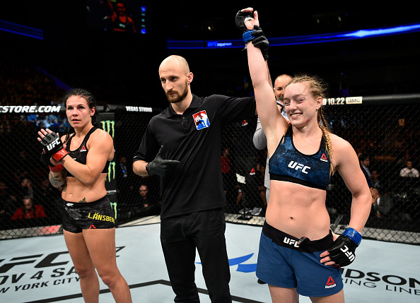 GDANSK, POLAND - OCTOBER 21: Aspen Ladd celebrates after her TKO victory over Lina Lansberg in their women's bantamweight bout during the UFC Fight Night event inside Ergo Arena on October 21, 2017 in Gdansk, Poland. (Photo by Jeff Bottari/Zuffa LLC/Zuffa LLC via Getty Images)