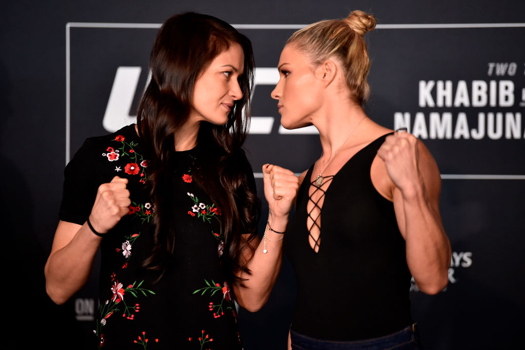 Karolina Kowalkiewicz and Felice Herrig face off during the UFC 223 Ultimate Media Day on April 5, 2018 in Brooklyn, NY. (Photo by Jeff Bottari/Zuffa LLC)