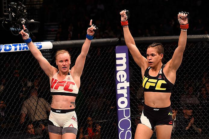 LAS VEGAS, NV - MARCH 05: (L) <a href='../fighter/Valentina-Shevchenko'>Valentina Shevchenko</a> and Amanda Nunes raise their hands after their bantamweight bout during the UFC 196 event inside MGM Grand Garden Arena on March 5, 2016 in Las Vegas, Nevada. (Photo by Josh Hedges/Zuffa LLC/Zuffa LLC via Getty Images)“ align=“center“/><p><strong>Amanda Nunes vs. Valentina Shevchenko (UFC 196)</strong></p><p>If Tate’s bout with Holm has been slightly overshadowed by the subsequent Diaz-McGregor clash and the rivalry it spawned, this bout was initially buried coming out of UFC 196, but that doesn’t change that it was a terrific back-and-forth battle.</p><p>Nunes entered on a two-fight winning streak and brandishing fight-changing power. Shevchenko arrived off a short-notice decision win over former Strikeforce champ Sarah Kaufman in her promotional debut. In the early going, Nunes rushed out to a lead, controlling the action with her grappling and putting it on the UFC newcomer.</p><p>In the third, however, Shevchenko rallied, scoring a takedown of her own early before outworking the tired Brazilian on the feet for the remainder of the frame. While Nunes rightfully took home the close decision win, the feeling on press row was that Shevchenko had all the momentum and things might have been different if this were a five-round fight.</p><p>We eventually got to see that play out as Nunes rose to the top of the division and Shevchenko emerged as the No. 1 contender, leading to their close championship showdown at UFC 215 in Edmonton, which saw “The Lioness” retain her title by split decision.</p><p><strong>Joanna Jedrzejczyk vs. Claudia Gadelha II (The Ultimate Fighter 23 Finale)</strong></p><p>While their first fight transpired in the shadows, their second encounter had the full attention of the MMA audience and did not disappoint, as the championship headliners turned in one of the best bouts of all-time.</p><p>Gadelha came out hard and fast, pressing the action against Jedrzejczyk and controlling the opening 10 minutes with intense pressure, strong grappling and sharp boxing. After the challenger controlled the opening portion of the middle stanza, Jedrzejczyk worked her way out of scrambles and strolled back to the center of the cage with confidence, motioning for her Brazilian rival to meet her on the feet.</p><p>It proved to be a clear turning point in the fight as from there out, Jedrzejczyk was in complete control, distancing herself from Gadelha down the stretch en route to a unanimous decision victory and a 2-0 advantage in head-to-head competition.</p><p><strong><a href=