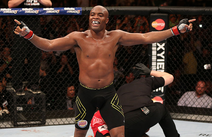 Anderson Silva reacts after his TKO victory over Stephan Bonnar at UFC 153 (Photo by Josh Hedges/Zuffa LLC via Getty Images)