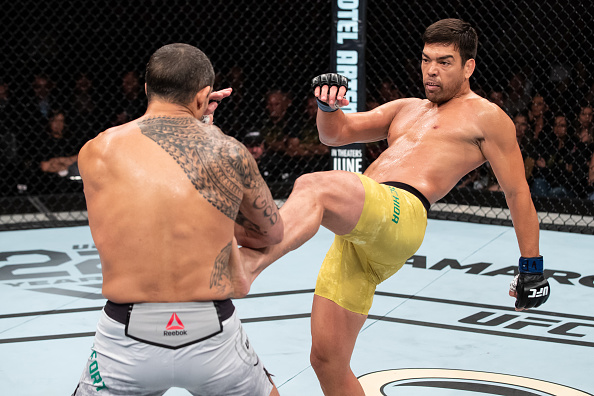 RIO DE JANEIRO, BRAZIL - MAY 12: Lyoto Machida (L ) of Brazil kicks Vitor Belfort of Brazil in their middleweight bout during the UFC 224 event at Jeunesse Arena on May 12, 2018 in Rio de Janeiro, Brazil. (Photo by Buda Mendes/Zuffa LLC/Zuffa LLC)