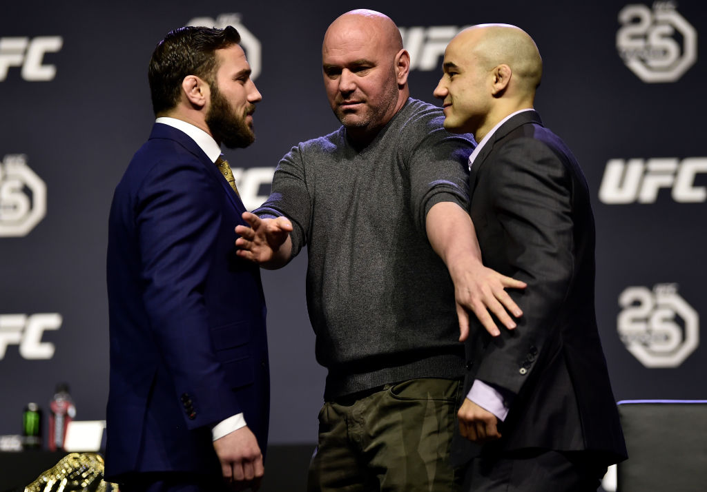 BROOKLYN, NEW YORK - APRIL 06: (L-R) Opponents <a href='../fighter/jimmie-rivera'>Jimmie Rivera</a> and <a href='../fighter/marlon-moraes'>Marlon Moraes</a> face off during the UFC press conference inside Barclays Center on April 6, 2018 in Brooklyn, New York. (Photo by Jeff Bottari/Zuffa LLC/Zuffa LLC via Getty Images)“ align=“center“/><br />As the UFC embarks on its first trip to Utica, New York, a pair of top-ranked bantamweights are looking to get into title contention as Jimmie Rivera takes on Marlon Moraes in what should be an action-packed main event.<p>Rivera has gone undefeated since joining the UFC roster, with several impressive wins, including victories over Thomas Almedia and UFC Hall of Famer <a href=