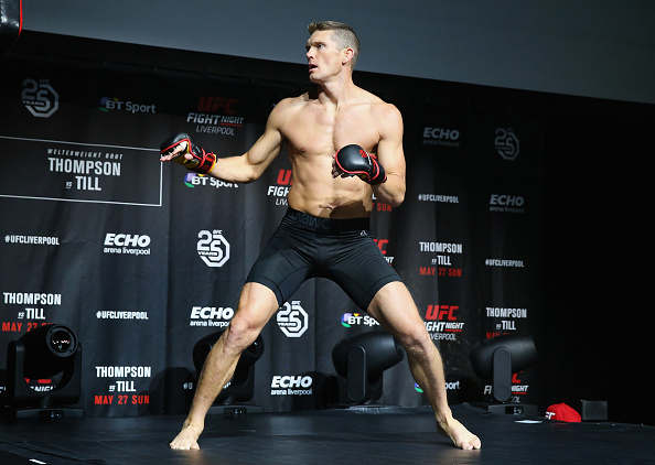 LIVERPOOL, ENGLAND - MAY 24: <a href='../fighter/Stephen-Thompson'>Stephen Thompson</a> in action during the <a href='../event/UFC-Silva-vs-Irvin'>UFC Fight Night </a>open workouts at Space by Echo Arena on May 24, 2018 in Liverpool, England. (Photo by Alex Livesey – Zuffa LLC/Zuffa LLC)“ align=“center“/><br />One would assume that after 57 kickboxing matches and 17 pro MMA fights that Stephen Thompson has – at least once – been the guy with the black hat being booed by fans hoping he gets beaten by a hometown hero.<p>Nope.</p><p>“No, I haven’t,” laughs Thompson, who will certainly see that record of civility broken on Sunday when he faces Liverpool’s <a href=