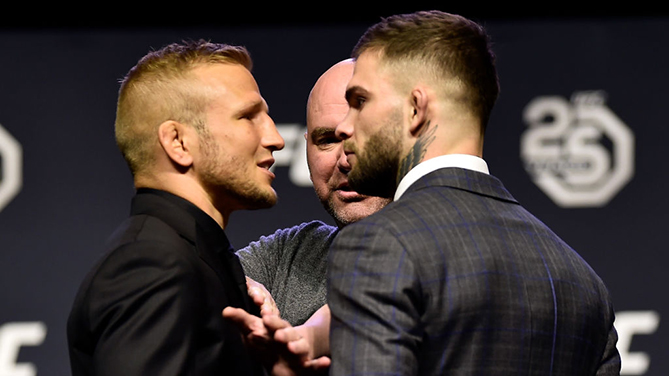 BROOKLYN, NEW YORK - APRIL 06: (L-R) Opponents TJ Dillashaw and Cody Garbrandt face off during the UFC press conference inside Barclays Center on April 6, 2018 in Brooklyn, New York. (Photo by Jeff Bottari/Zuffa LLC via Getty Images)