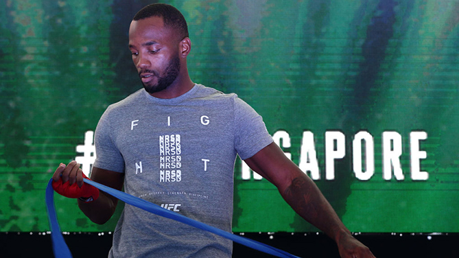 SINGAPORE - JUNE 20: <a href='../fighter/leon-edwards'>Leon Edwards</a> of Jamaica participates in the <a href='../event/UFC-Silva-vs-Irvin'>UFC Fight Night </a>Open Workout at OCBC Square on June 20, 2018 in Singapore. (Photo by Suhaimi Abdullah – Zuffa LLC)“ align=“center“/>As soon as Leon Edwards found out that he was going to headline the UFC’s return to Sinagpore this weekend against perennial contender <a href=