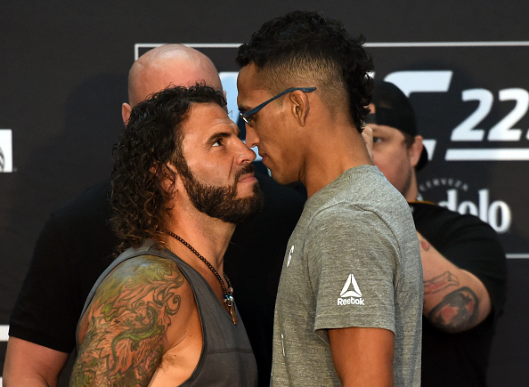 CHICAGO, ILLINOIS - JUNE 07: (L-R) Opponents <a href='../fighter/Clay-Guida'>Clay Guida</a> and <a href='../fighter/Charles-Oliveira'>Charles Oliveira</a> of Brazil face off during the UFC 225 <a href='../event/Ultimate-Brazil'>Ultimate </a>Media Day at the United Center on June 7, 2018 in Chicago, Illinois. (Photo by Josh Hedges/Zuffa LLC/Zuffa LLC via Getty Images)“ align=“center“/><br />At 36 years old and after 48 pro fights – 25 of them in the UFC – Clay Guida should be slowing down. Yet after impressive back-to-back wins over <a href=
