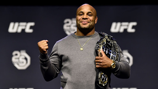 BROOKLYN, NEW YORK - APRIL 06: Daniel Cormier poses for photos during the UFC press conference inside Barclays Center on April 6, 2018 in Brooklyn, New York. (Photo by Jeff Bottari/Zuffa LLC via Getty Images)