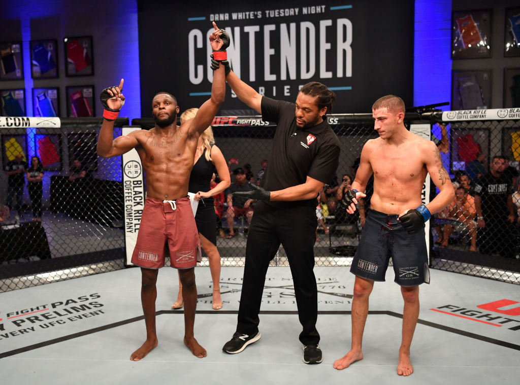 Montel Jackson celebrates after his TKO victory over Rico Disciullo in their bantamweight bout during Dana White's Tuesday Night Contender Series at the TUF Gym on June 12, 2018 in Las Vegas, Nevada. (Photo by Jeff Bottari/DWTNCS LLC)