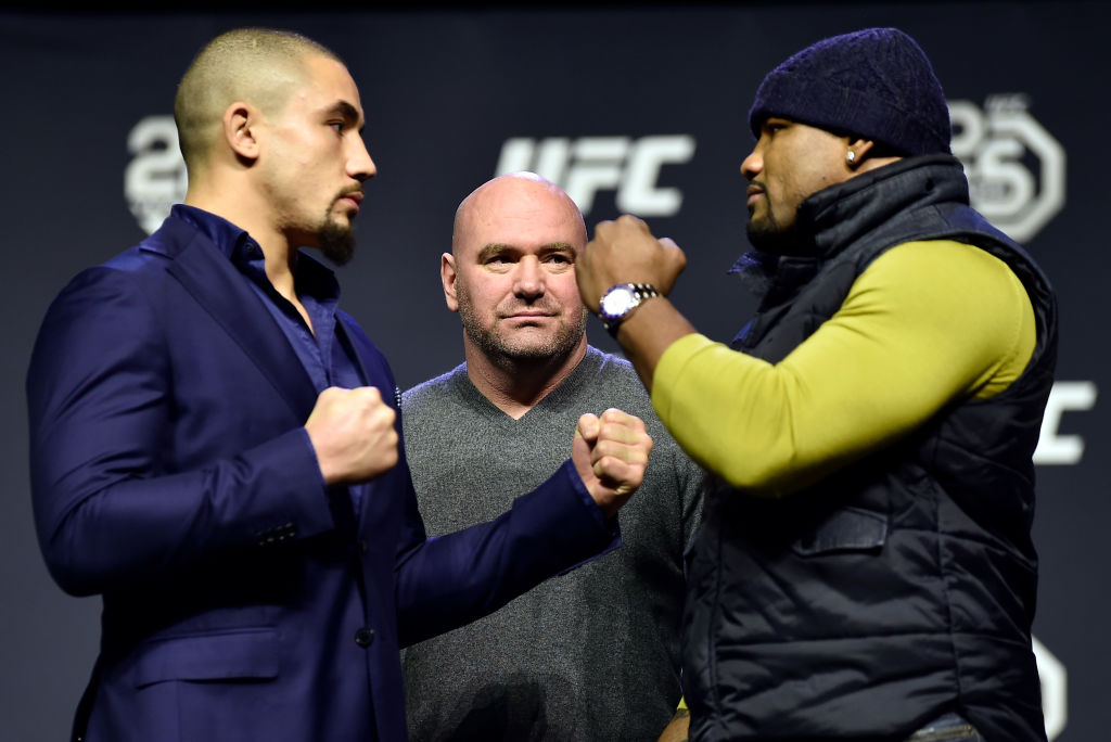 BROOKLYN, NEW YORK - APRIL 06: (L-R) Opponents Robert Whittaker and Yoel Romero face off during the UFC press conference inside Barclays Center on April 6, 2018 in Brooklyn, New York. (Photo by Jeff Bottari/Zuffa LLC/Zuffa LLC via Getty Images)