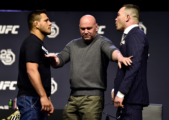 BROOKLYN, NEW YORK - APRIL 06: (L-R) Opponents Rafael dos Anjos and Colby Covington face off during the UFC press conference inside Barclays Center on April 6, 2018 in Brooklyn, New York. (Photo by Jeff Bottari/Zuffa LLC/Zuffa LLC via Getty Images)