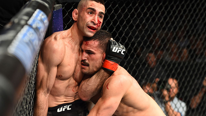  CHICAGO, ILLINOIS - JUNE 09: (L-R) Ricardo Lamas blocks a take down from Mirsad Bektic of Bosnia in their featherweight fight during the UFC 225 event at the United Center on June 9, 2018 in Chicago, Illinois. (Photo by Josh Hedges/Zuffa LLC)