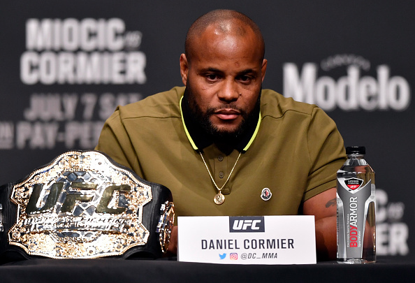 LAS VEGAS, NEVADA - JULY 05: UFC light heavyweight champion Daniel Cormier interacts with media during the UFC 226 Press Conference inside The Pearl concert theater at Palms Casino Resort on July 5, 2018 in Las Vegas, Nevada. (Photo by Jeff Bottari/Zuffa LLC/Zuffa LLC via Getty Images)