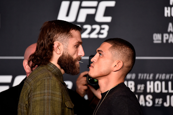 BROOKLYN, NY - APRIL 05: (L-R) Michael Chiesa and Anthony Pettis face off during the UFC 223 Ultimate Media Day inside Barclays Center on April 5, 2018 in Brooklyn, New York. (Photo by Jeff Bottari/Zuffa LLC/Zuffa LLC via Getty Images)