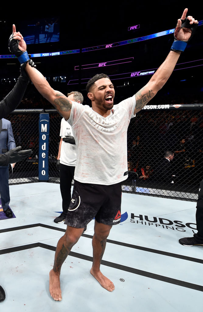 Max Griffin reacts after his unanimous-decision victory over Mike Perry on February 24, 2018 in Orlando, FL. (Photo by Jeff Bottari/Zuffa LLC)